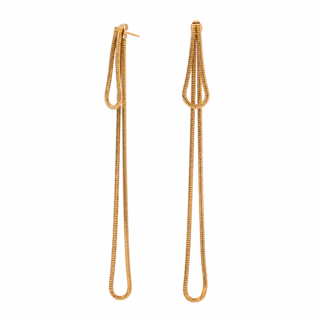 Ultra-long gold double snake chain loop drop earrings with textured serpentine detail and stud backing, displayed on white background.
