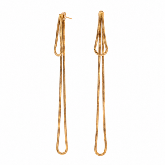 Ultra-long gold double snake chain loop drop earrings with textured serpentine detail and stud backing, displayed on white background.