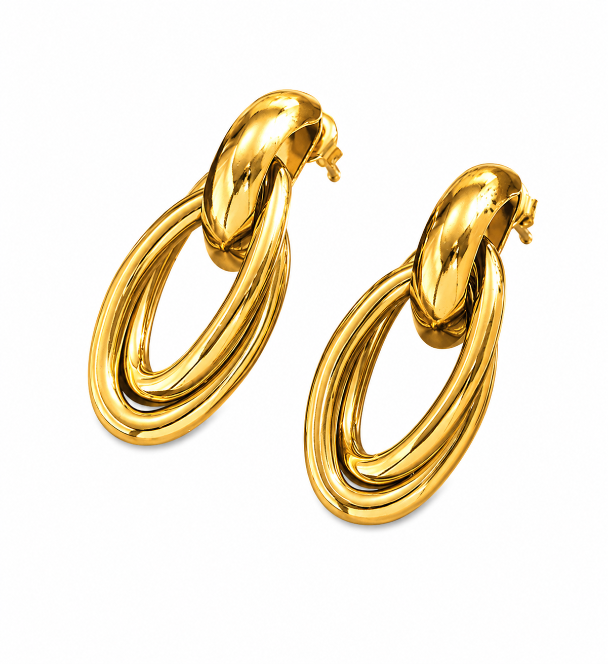 Chunky gold multi-strand twisted knot drop earrings with triple strand oval loop and high polish finish, displayed on white background.