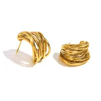 Chunky 18K gold multi-strand woven hoop earrings in stainless steel, shown from front and side angle with size measurements on white background.