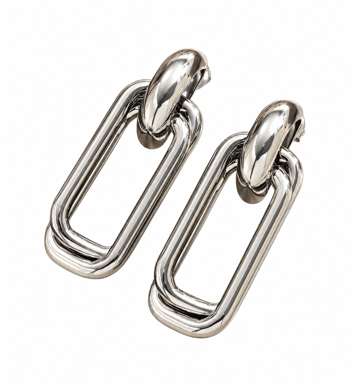 Oversized silver chunky double rectangular multi-strand link drop earrings with polished knot connector, displayed on white background.