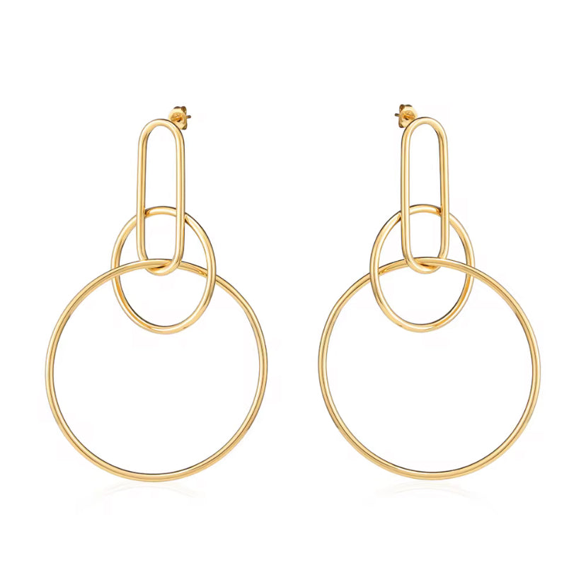 Gold interlocking oval link and large circle hoop drop earrings with stud backing, displayed on white background.