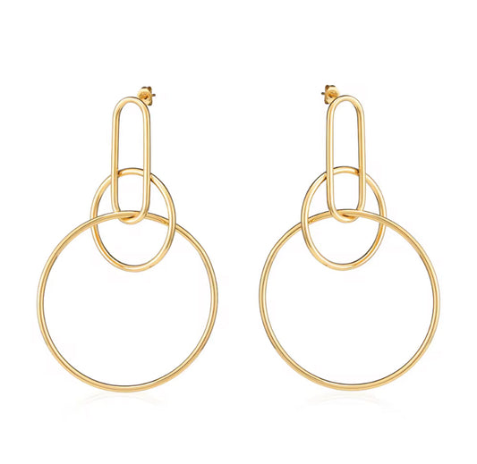 Gold interlocking oval link and large circle hoop drop earrings with stud backing, displayed on white background.