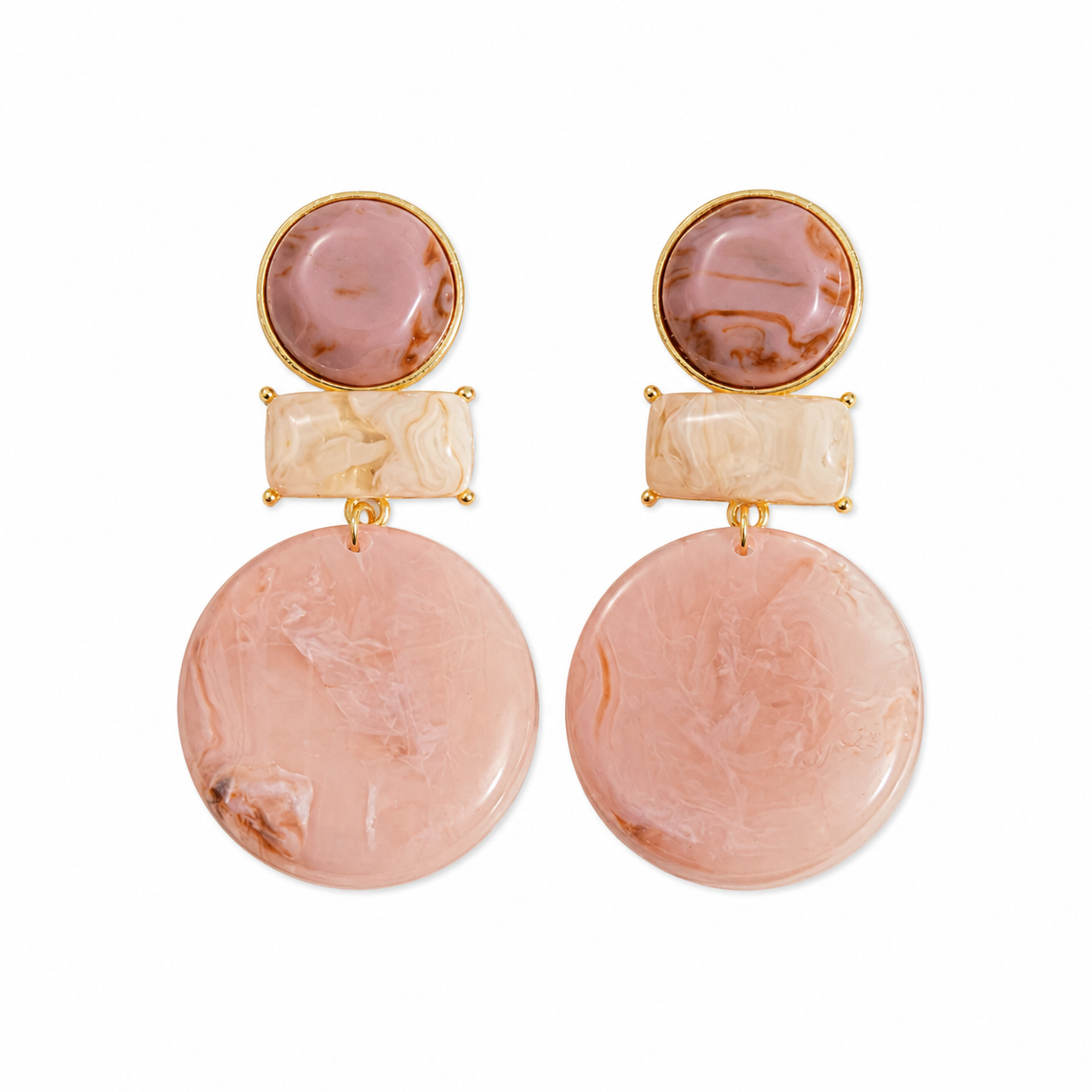 Tiered resin drop earrings featuring deep rose circle stud, cream rectangular bar and large blush pink marbled disc pendant with gold hardware, displayed on white background.
