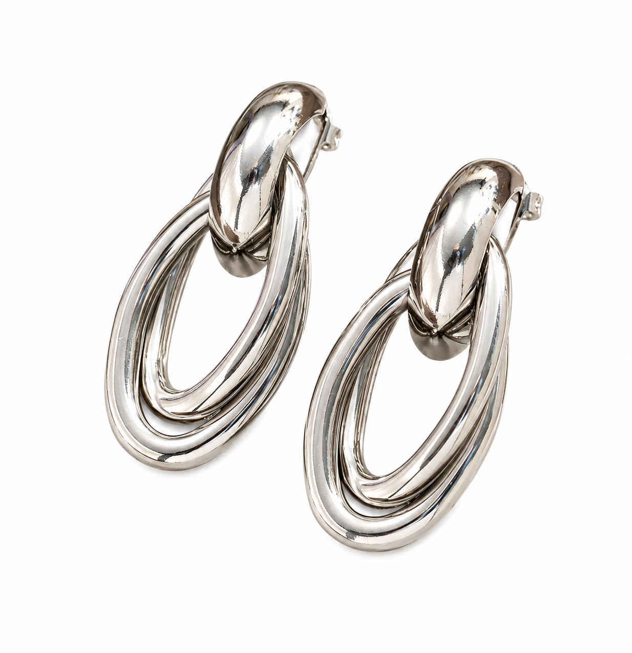 Chunky silver multi-strand twisted knot drop earrings with triple strand oval loop and high polish finish, displayed on white background.