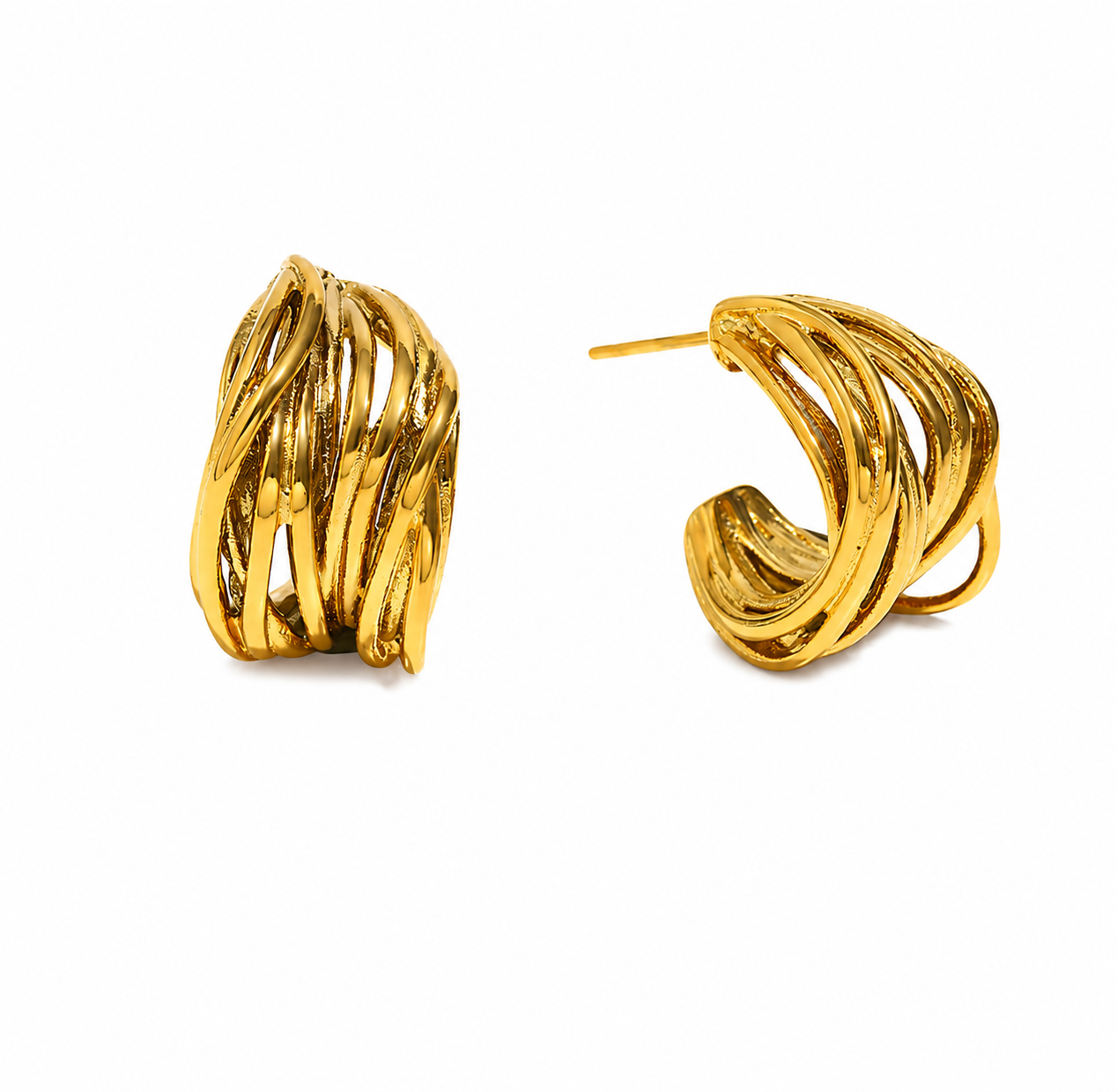 Chunky 18K gold multi-strand woven hoop earrings in stainless steel, shown from front and side angle with size measurements on white background.