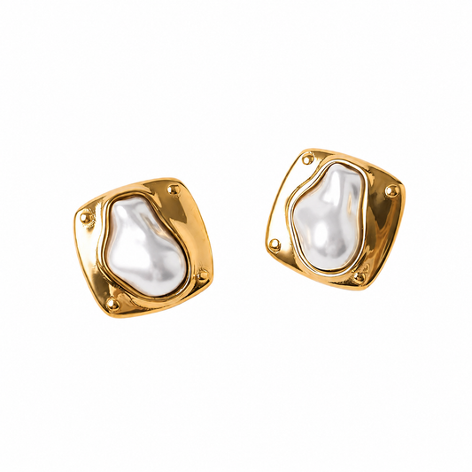 Gold squared frame stud earrings with organic baroque pearl centre and polished rivet corner details, displayed on white background.